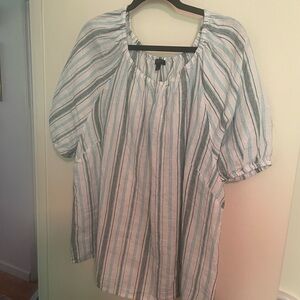 Talbots Linen Aqua and Forrest Green Striped  White Blouse